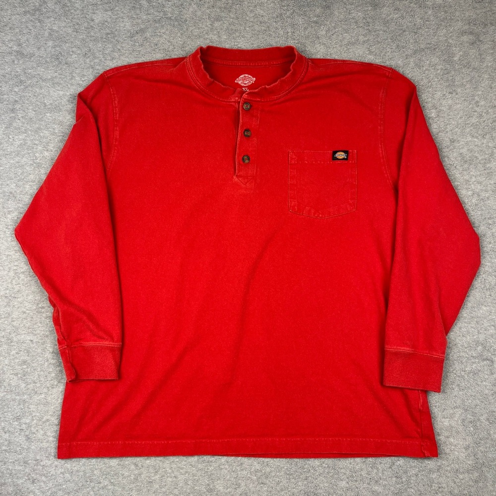 Dickies Henley Shirt Mens XL Red Long Sleeve Pocket Heavyweight Workwear Casual